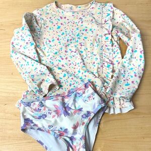Ruffle Butts Cream and Purple Kids Swim Rashguard 2‎ pc